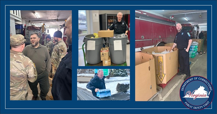 बाढ़ से प्रभावित बुकानन काउंटी के निवासियों को पानी, भोजन, ईंधन, हीटिंग डिवाइस और ज़्यादा सहायता प्रदान करने वाले VADOC कर्मचारी।